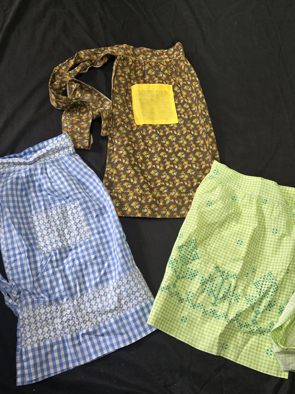 Vintage Lot Of 3 Half Aprons Floral Brown Yellow Pocket Green Blue Check Women